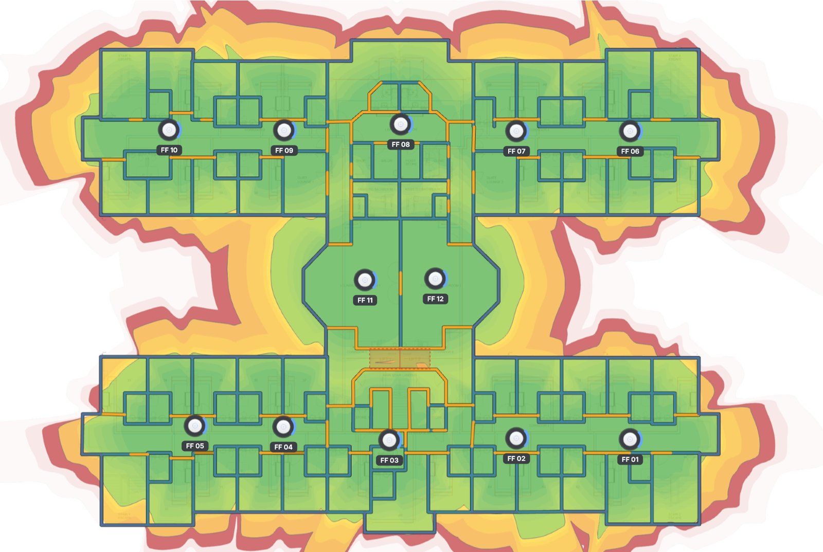 Predicted 5 GHz WiFi coverage heatmap across the first floor of Otwell Grove, with twelve planned access point positions